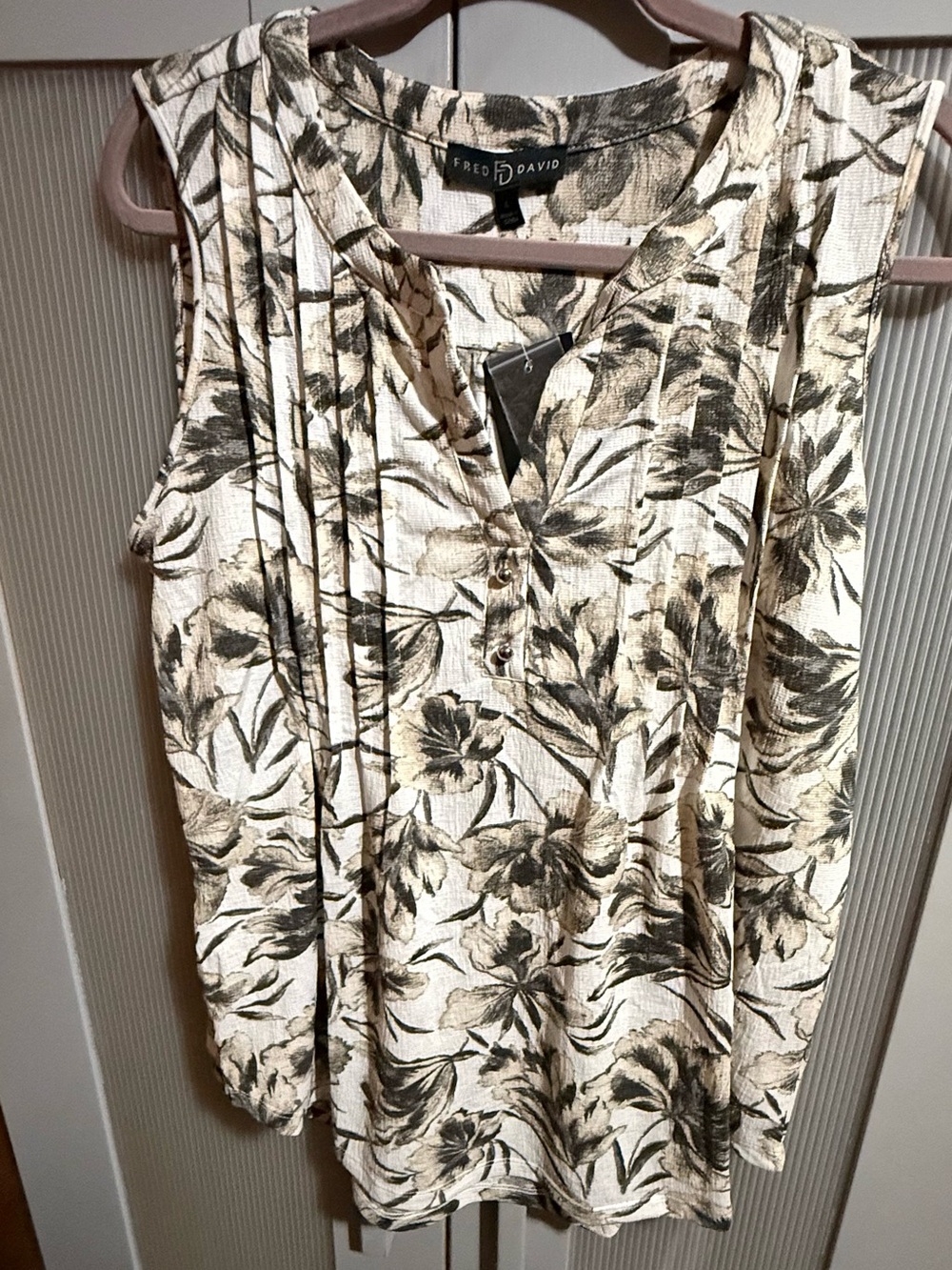 Cream and Olive Floral Sleeveless V-Neck Tank